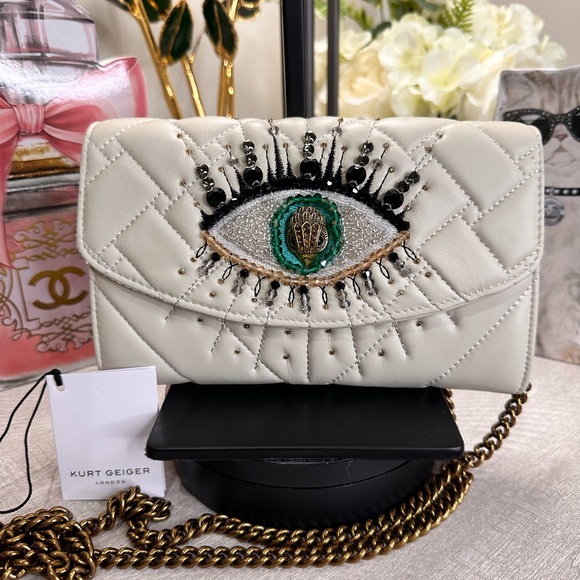 Kurt Geiger Handbags - Kurt Geiger White Quilted Eye Embellished Bag or Clutch
